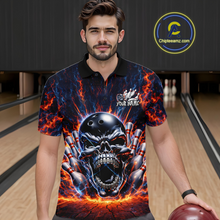 Load image into Gallery viewer, Custom Skull Bowling Jersey for Men - Flaming Strike Personalize Bowling Team Shirt Polo &amp; 1/4 Zip HNT215