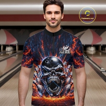 Load image into Gallery viewer, Custom Skull Bowling Jersey for Men - Flaming Strike Personalize Bowling Team Shirt Polo &amp; 1/4 Zip HNT215