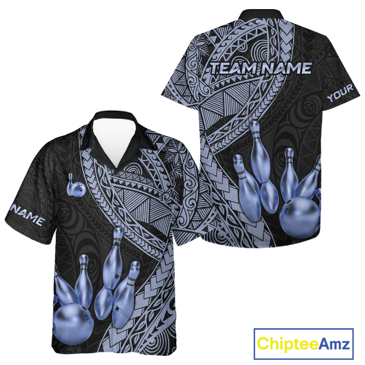 Custom Blue Tribal Hawaiian Bowling Jersey for Men Women Bowling Team Shirts Bowling League HNT225