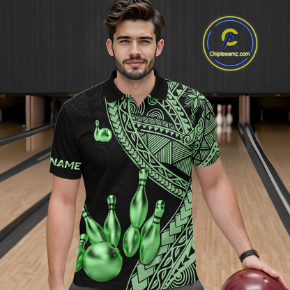 Black and Green Tribal Pattern Bowling Jersey for Men Bowling Uniform Bowling Team Shirts HNT225
