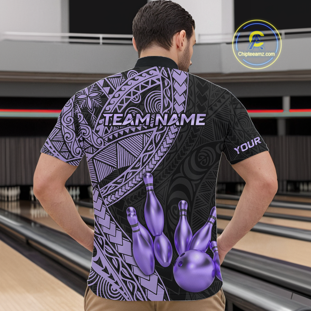 Black and Purple Tribal Pattern Bowling Jersey for Men Bowling Uniform Bowling Team Shirts HNT225