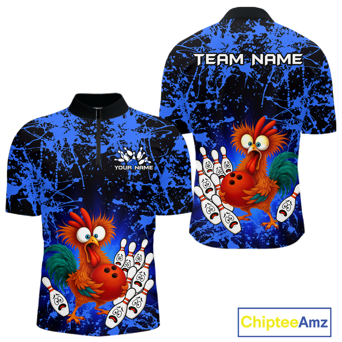 Blue Funny Chicken Bowling Jersey for Men Bowling League Bowling Team Shirts Polo & 1/4 Zip HN232