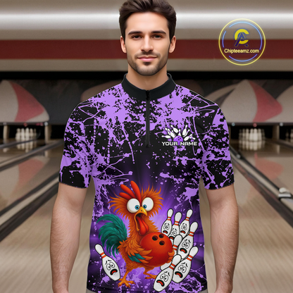 Purple Funny Chicken Bowling Jersey for Men Bowling League Bowling Team Shirts Polo & 1/4 Zip HN232