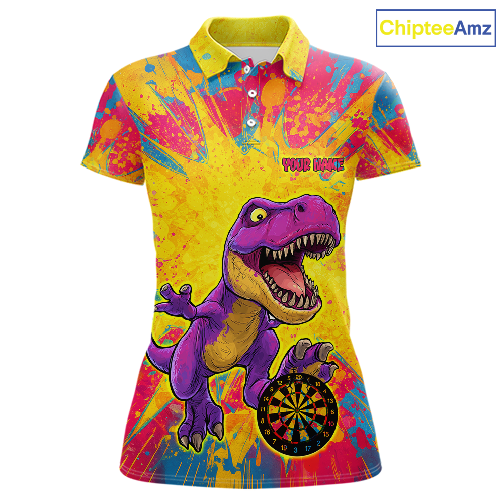 Front darts polo shirt featuring a purple dinosaur holding a dartboard within a bright colorful paint splatter background.