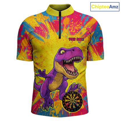 Front darts quarter zip shirt featuring a purple dinosaur holding a dartboard within a bright colorful paint splatter background.