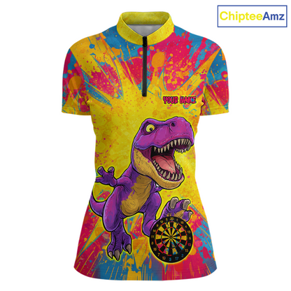 Front darts quarter zip shirt featuring a purple dinosaur holding a dartboard within a bright colorful paint splatter background.