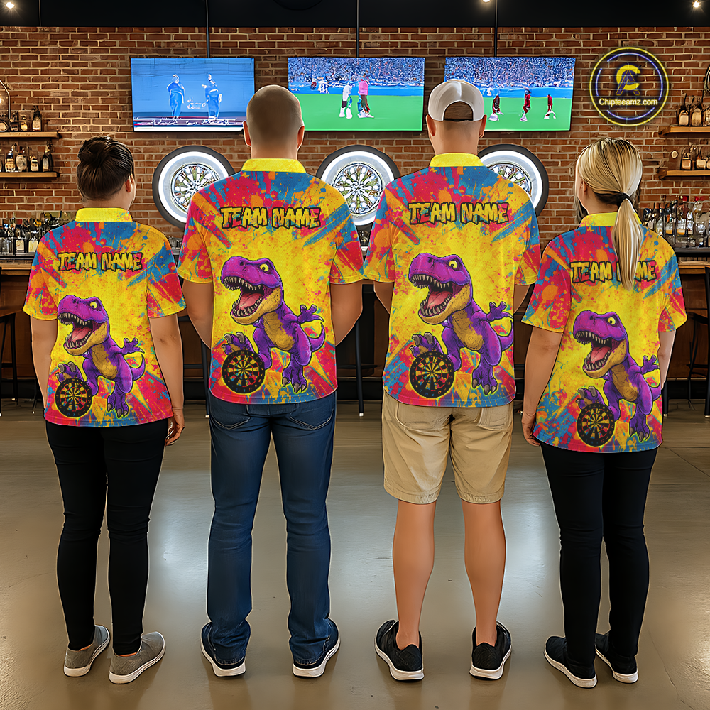 Four people wearing darts polo shirt featuring a purple dinosaur holding a dartboard within a bright colorful paint splatter background.