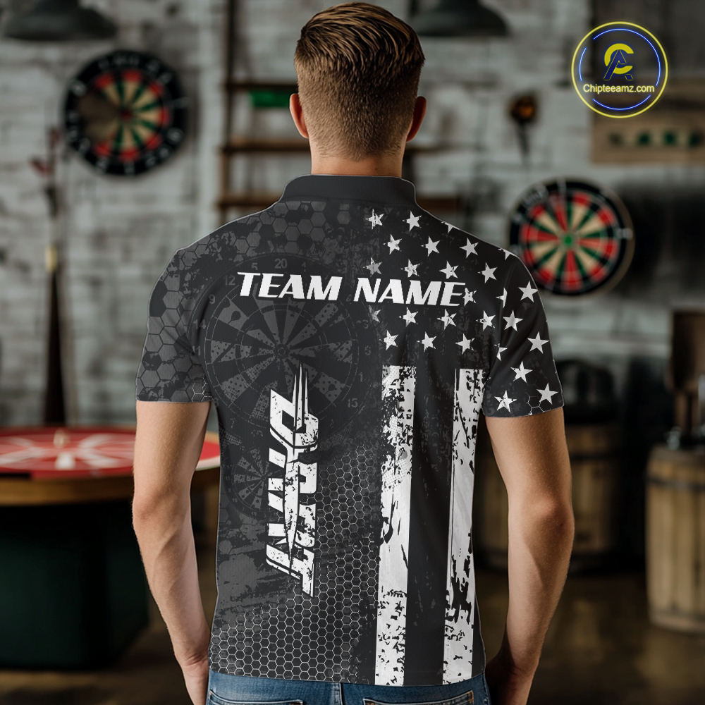 Man wearing darts polo shirt featuring dartboard patterns layered with american flag graphics and geometric details on a black background.
