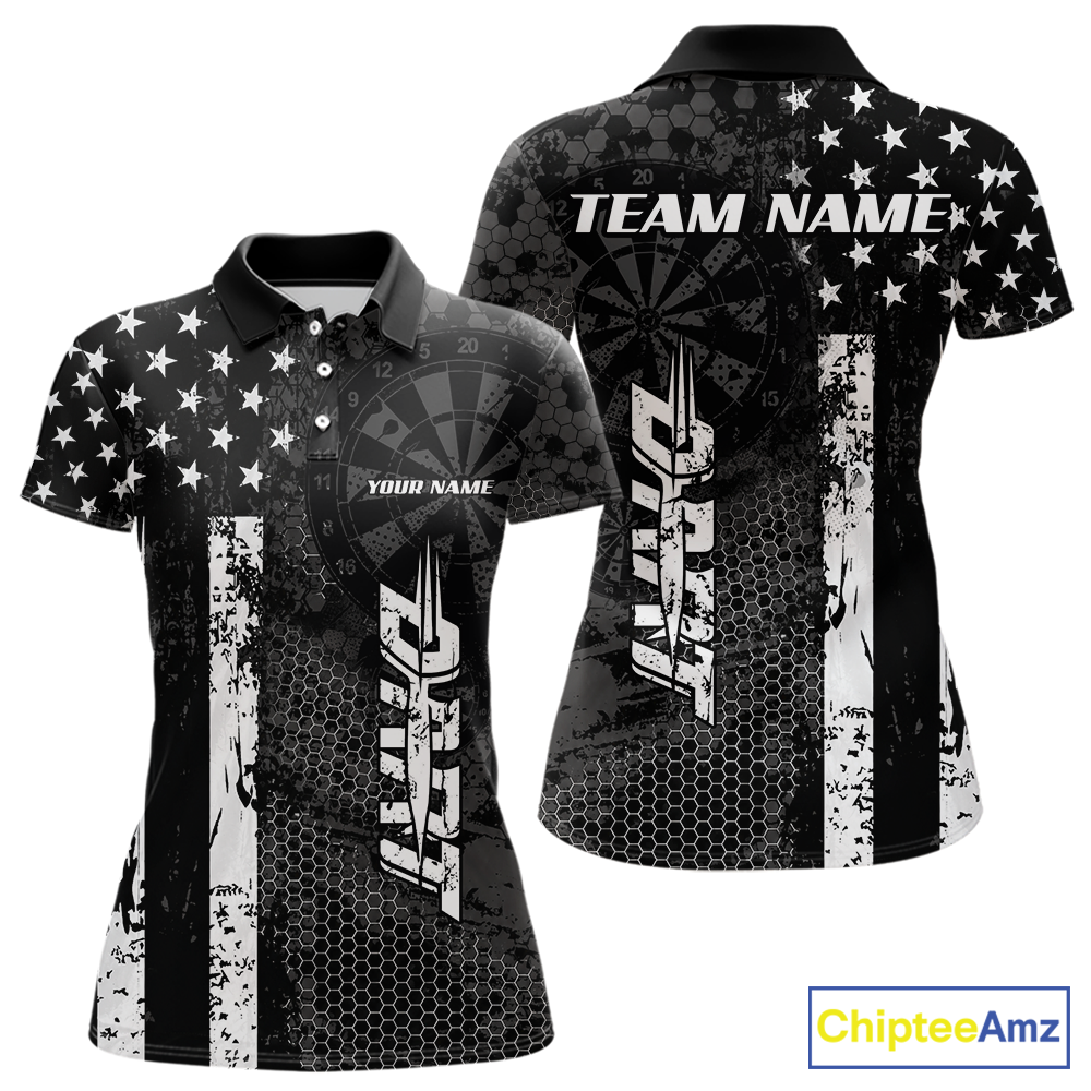 Front and back darts polo shirt featuring dartboard patterns layered with american flag graphics and geometric details on a black background.