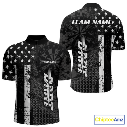 Front and back darts quarter zip shirt featuring dartboard patterns layered with american flag graphics and geometric details on a black background.