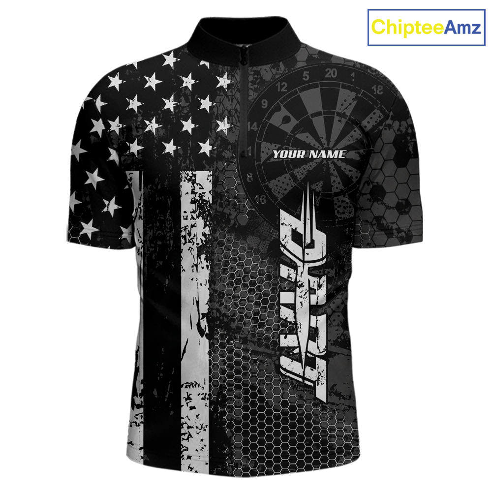 Front darts quarter zip shirt featuring dartboard patterns layered with american flag graphics and geometric details on a black background.