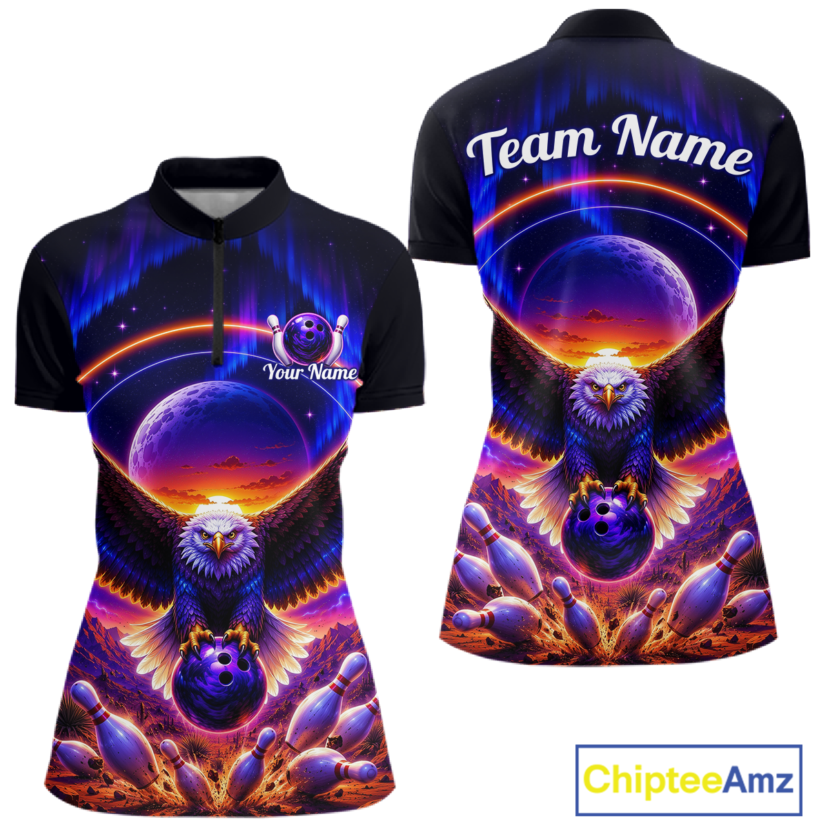 Front and back views of a black bowling quarter zip with a eagle, glowing planet backdrop, bowling pins, and custom team and player name text.