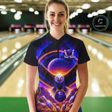 Load image into Gallery viewer, Woman wearing a black bowling quarter zip with a eagle, glowing planet backdrop, bowling pins, and custom team and player name text.