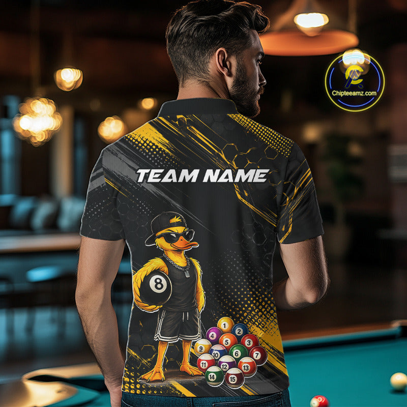 Men wearing billiards polo shirt featuring a duck holding an eight ball with colorful pool balls arranged on a black yellow background.