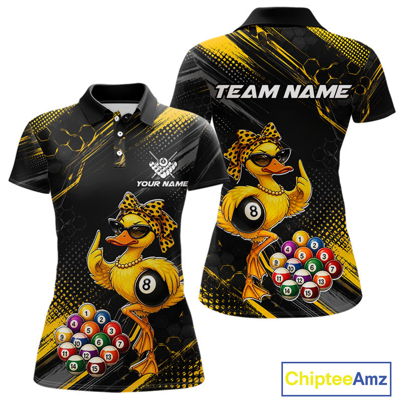 Front and back billiards polo shirt featuring a duck holding an eight ball with pool balls arranged across a black yellow background.