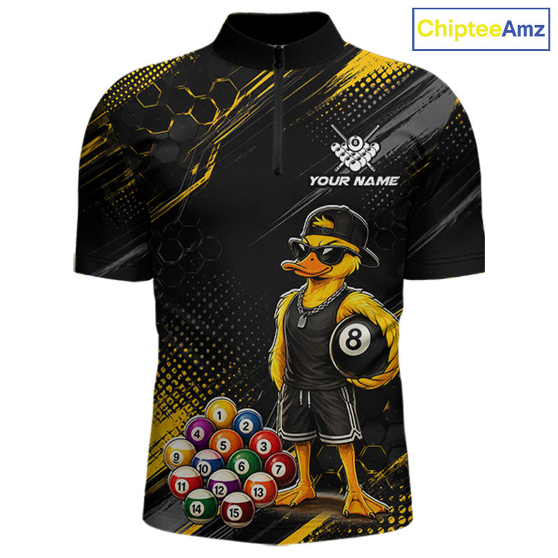Front billiards quarter zip shirt featuring a duck holding an eight ball with colorful pool balls arranged on a black yellow background.