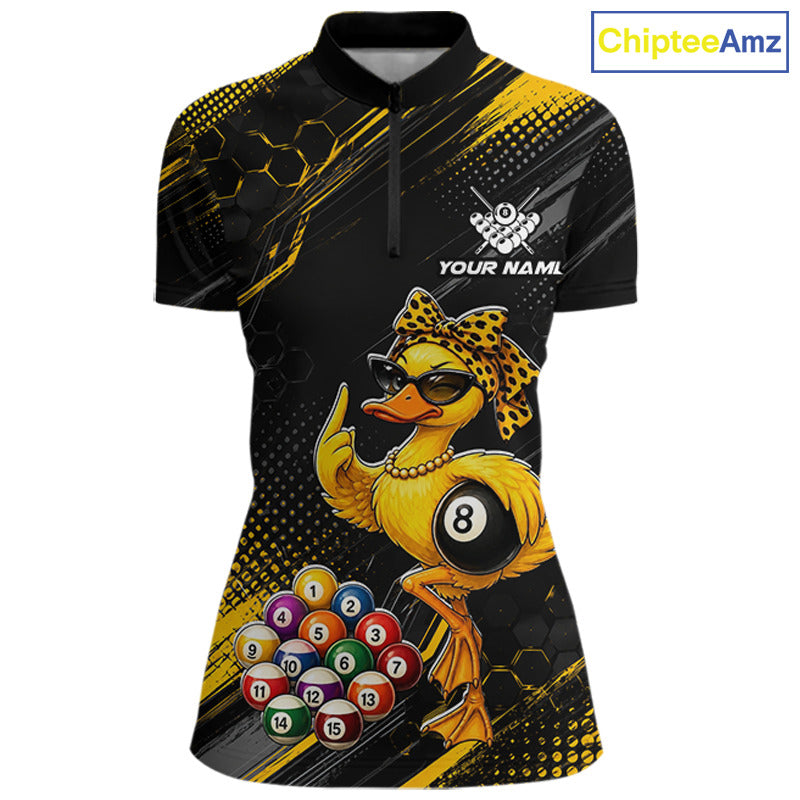 Front billiards quarter zip shirt featuring a duck holding an eight ball with pool balls arranged across a black yellow background.