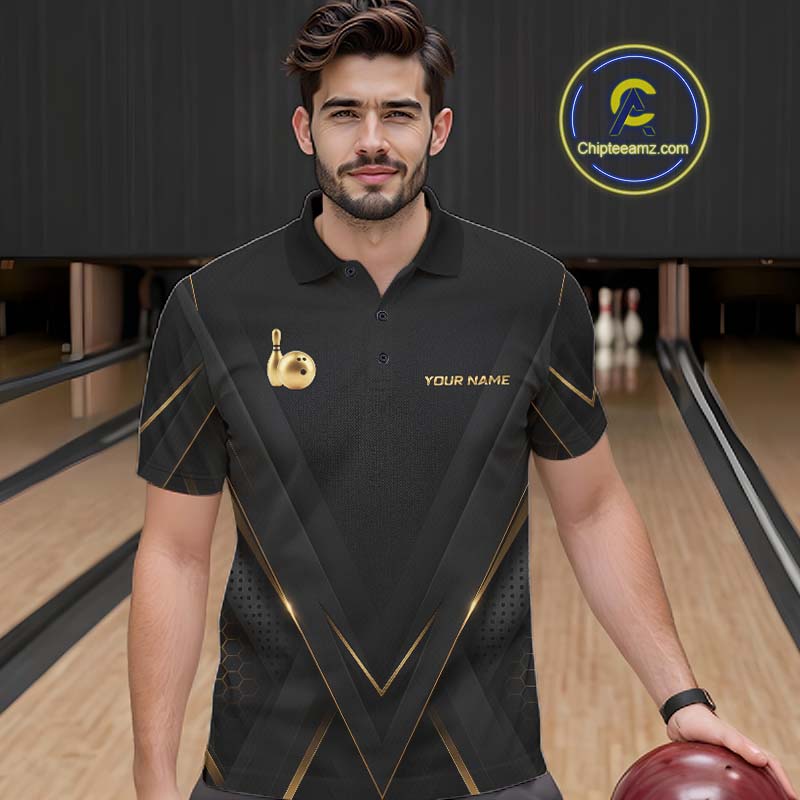 Custom Black Gold Bowling Jersey for Men Bowling Team Shirts Polo & 1/4 Zip Bowling League HNT474