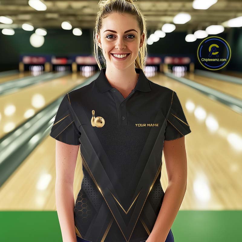 Custom Black Gold Bowling Jersey for Women Bowling Team Shirts Polo & 1/4 Zip Bowling League HNT474