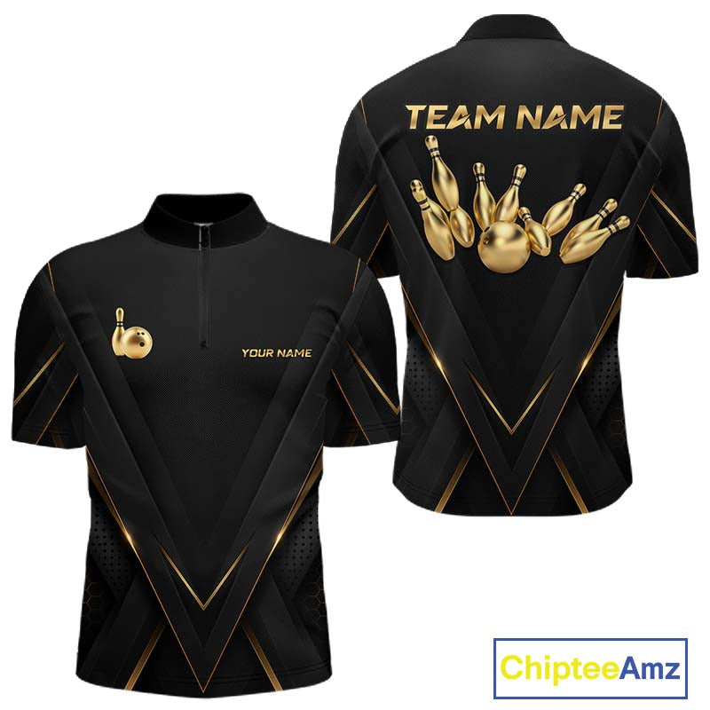 Custom Black Gold Bowling Jersey for Men Bowling Team Shirts Polo & 1/4 Zip Bowling League HNT474