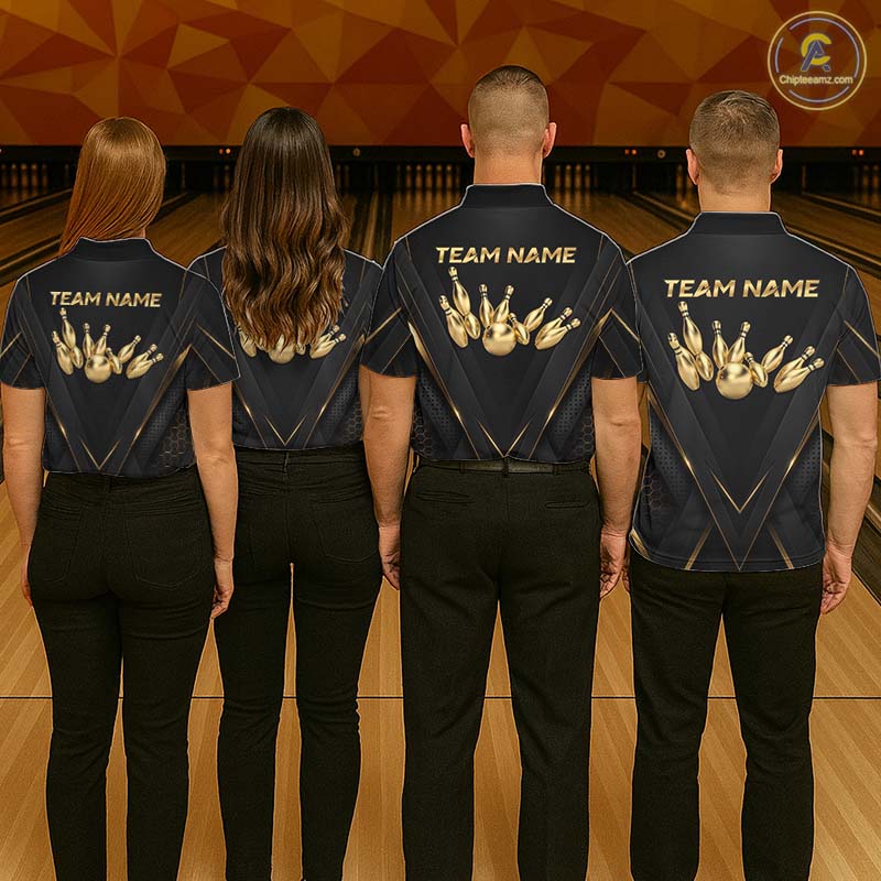 Custom Black Gold Bowling Jersey for Men Bowling Team Shirts Polo & 1/4 Zip Bowling League HNT474