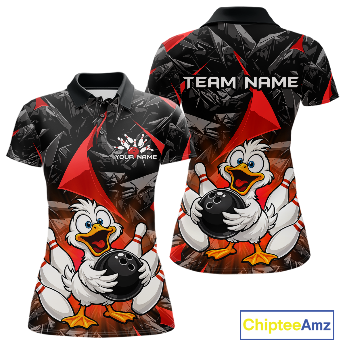 Custom Red Funny Duck Bowling Jersey for Women Bowling League Bowling Team Shirts Polo & 1/4 Zip HN233