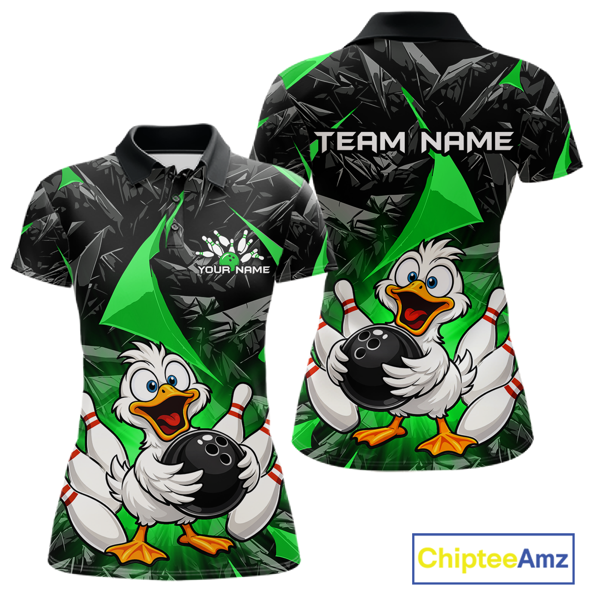 Custom Green Funny Duck Bowling Jersey for Women Bowling League Bowling Team Shirts Polo & 1/4 Zip HN233