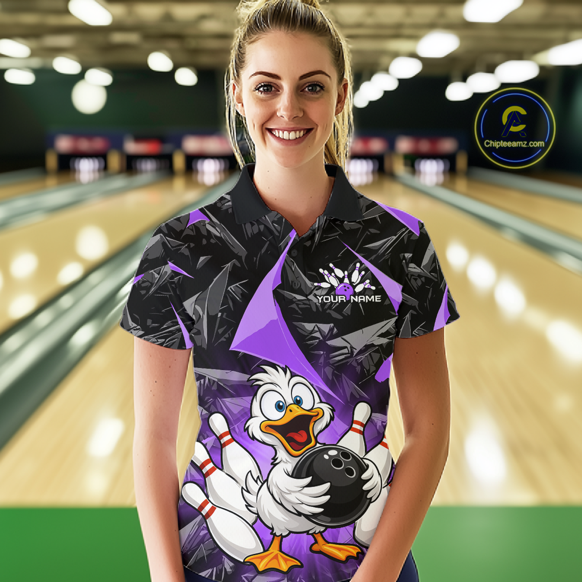 Custom Purple Funny Duck Bowling Jersey for Women Bowling League Bowling Team Shirts Polo & 1/4 Zip HN233