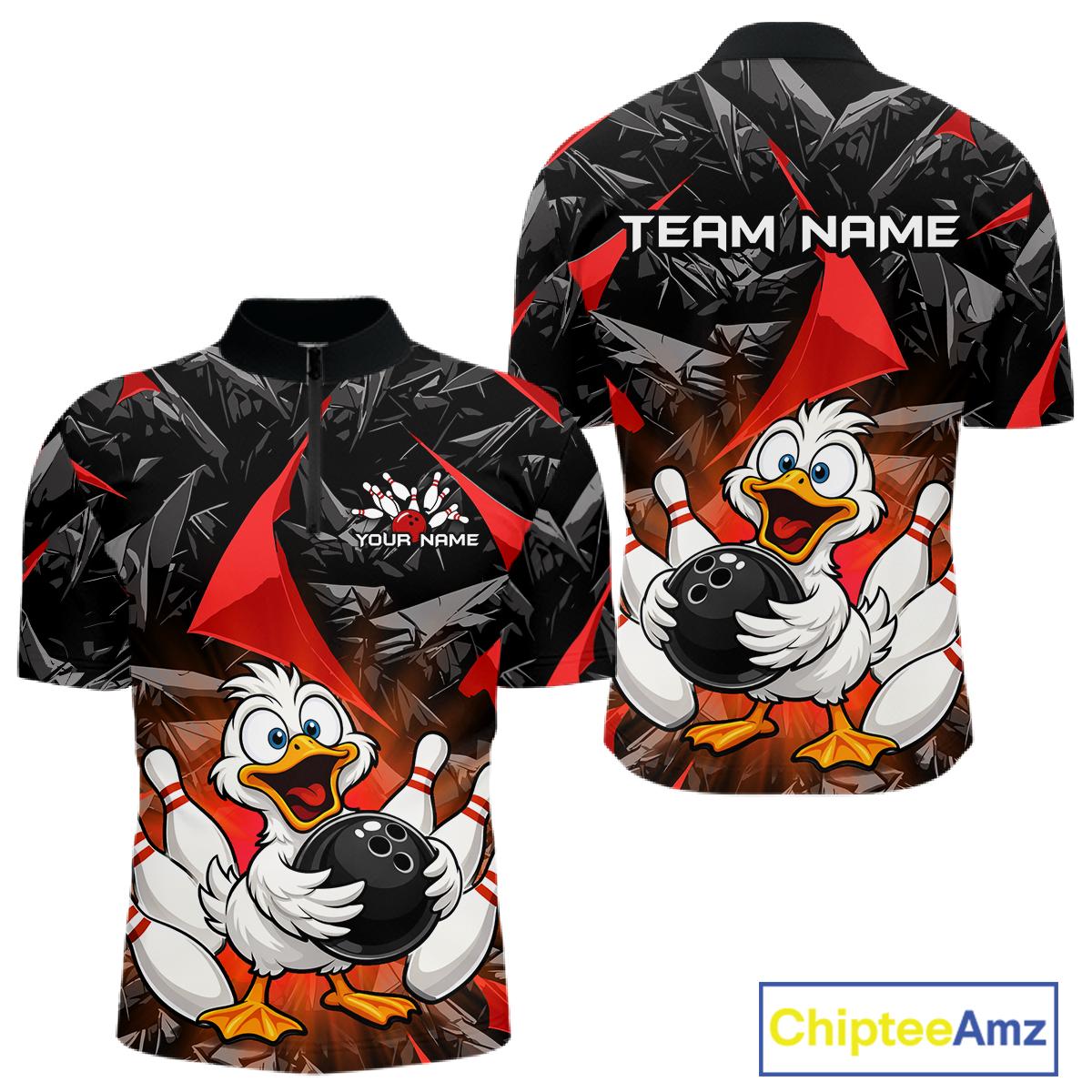 Custom Red Funny Duck Bowling Jersey for Men Bowling League Bowling Team Shirts Polo & 1/4 Zip HN233