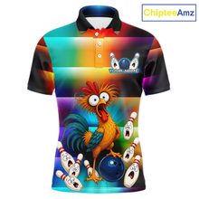 Load image into Gallery viewer, Front views of a colorful bowling  quarter zip featuring a shocked rooster chicken, blue bowling ball, surprised pins, and custom your text.