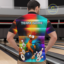 Load image into Gallery viewer, Man wearing a colorful bowling quarter zip featuring a shocked rooster chicken, blue bowling ball, surprised pins, and custom your name text.