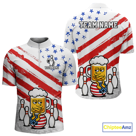 Custom US Flag Funny Beer Bowling Jersey for Men Polo & 1/4 Zip Bowling Team Shirts HNT143