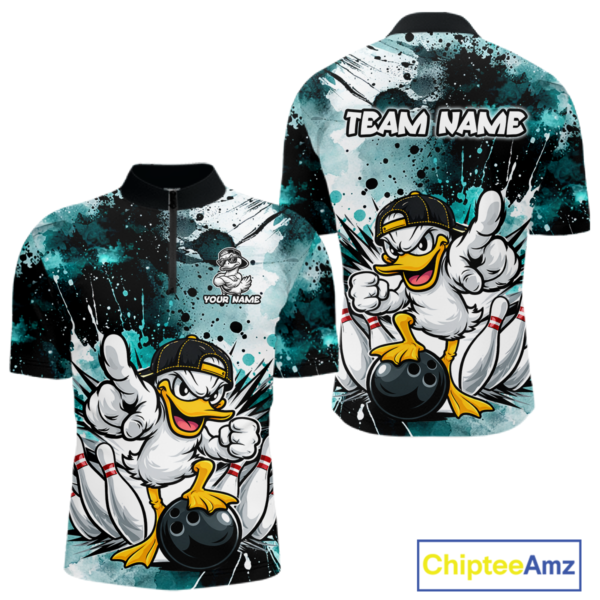 Custom Watercolor Teal Duck Bowling Jersey for Men Bowling Team Shirts Polo & 1/4 Zip HNT239