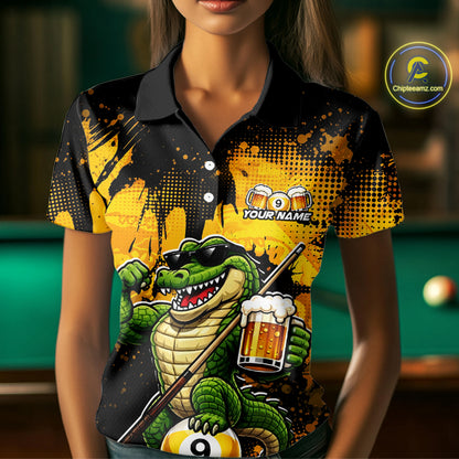 Custom Beer Alligator 9 Ball Billiard Shirts for Women Billiard Team Jerseys Billiard League Polo & 1/4 Zip NNT289