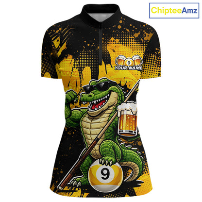 Custom Beer Alligator 9 Ball Billiard Shirts for Women Billiard Team Jerseys Billiard League Polo & 1/4 Zip NNT289