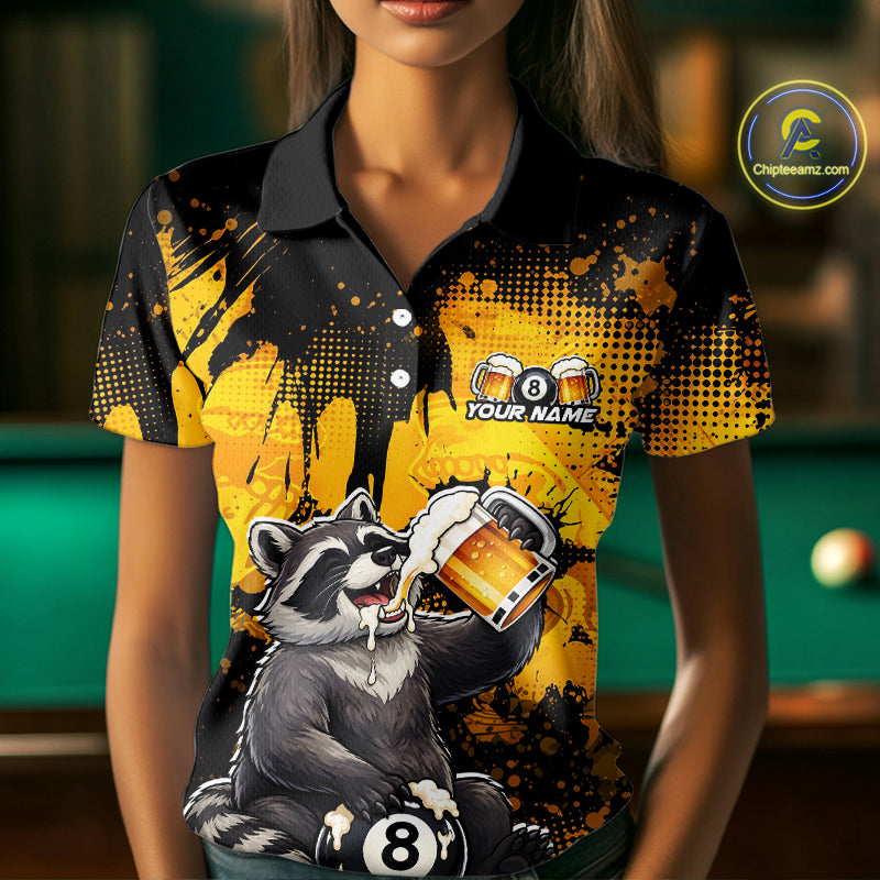 Custom Beer Raccoon 8 Ball Billiard Shirts for Women Billiard Team Jerseys Billiard League Polo & 1/4 Zip NNT287