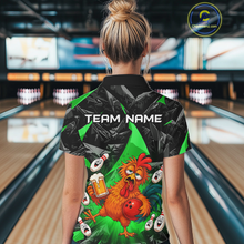 Load image into Gallery viewer, Woman wearing a black and green bowling quarter zip featuring a wild rooster mascot holding a beer mug and red bowling ball, with custom team name text.
