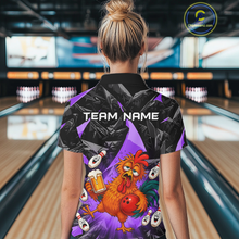 Load image into Gallery viewer, Woman wearing a black and purple bowling polo featuring a wild rooster mascot holding a beer mug and red bowling ball, with custom team name text.
