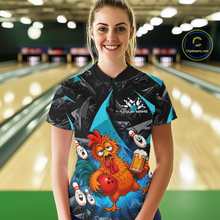 Load image into Gallery viewer, Woman wearing a black and turquoise bowling quarter zip featuring a wild rooster mascot holding a beer mug and red bowling ball, with custom your name text.