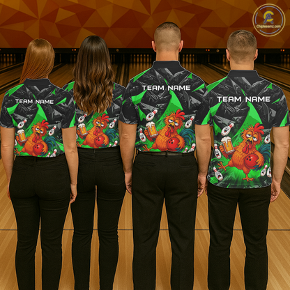 Four people wearing black and green bowling  quarter zip featuring a wild rooster mascot holding a beer mug and red bowling ball, with custom team name text.