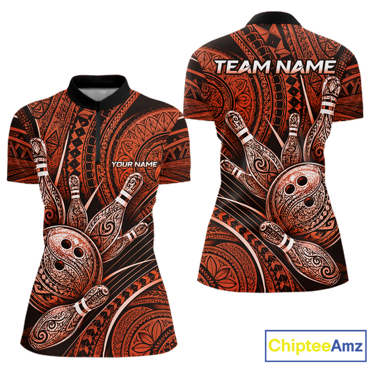 Front and back view personalized bowling quarter zip shirt with bowling balls and pins arranged within orange polynesian tribal patterned artwork across a dark layout.