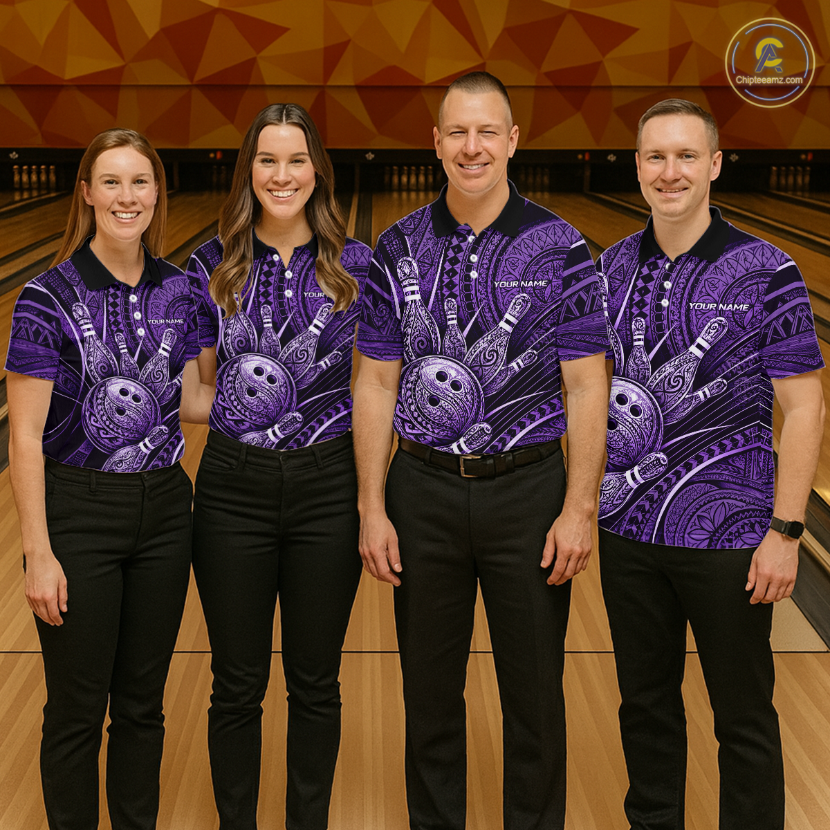 Four people wearing personalized bowling polo shirt with bowling balls and pins arranged within polynesian tribal patterned artwork across a purple layout.
