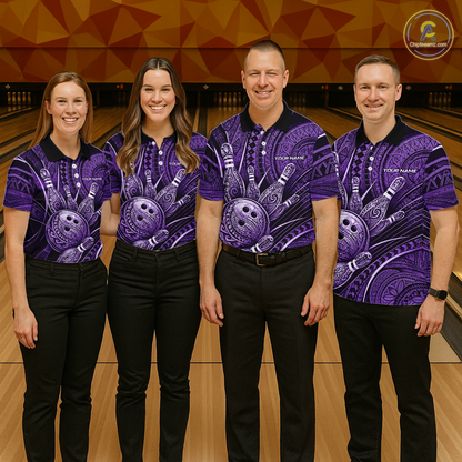 Four people wearing personalized bowling polo shirt with bowling balls and pins arranged within polynesian tribal patterned artwork across a purple layout.