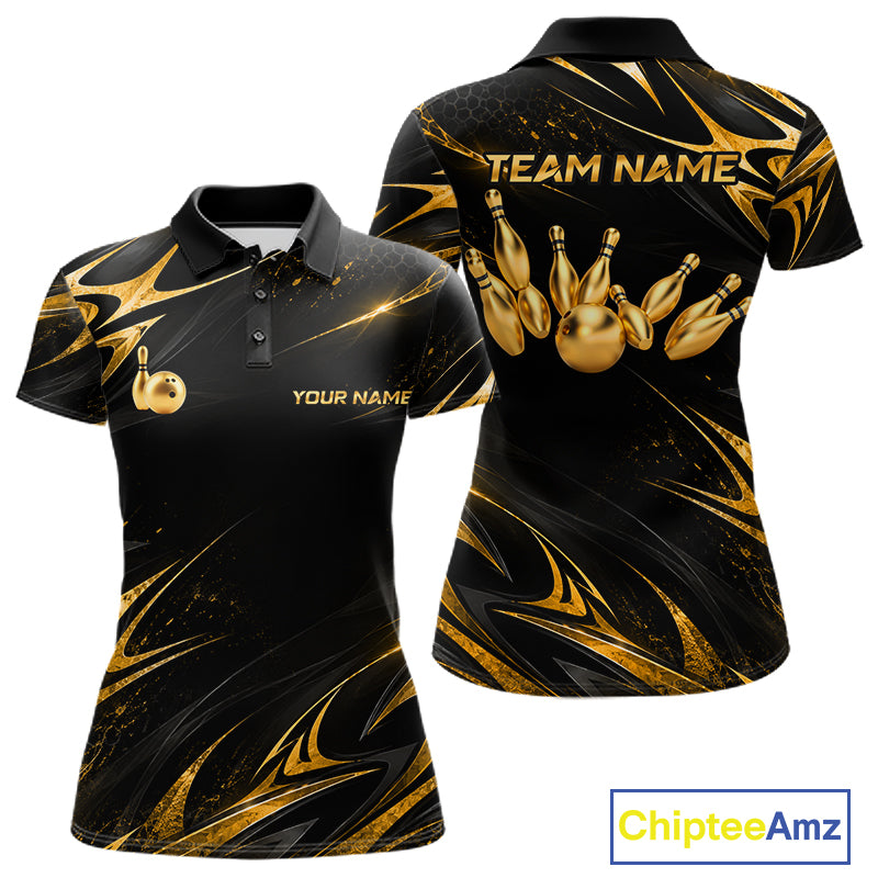 Custom Black Gold Bowling Jersey for Women Bowling Team Shirts Bowling League Polo & 1/4 Zip HNT491