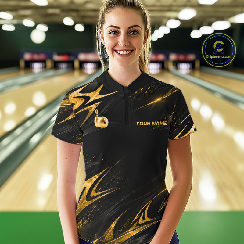 Custom Black Gold Bowling Jersey for Women Bowling Team Shirts Bowling League Polo & 1/4 Zip HNT491