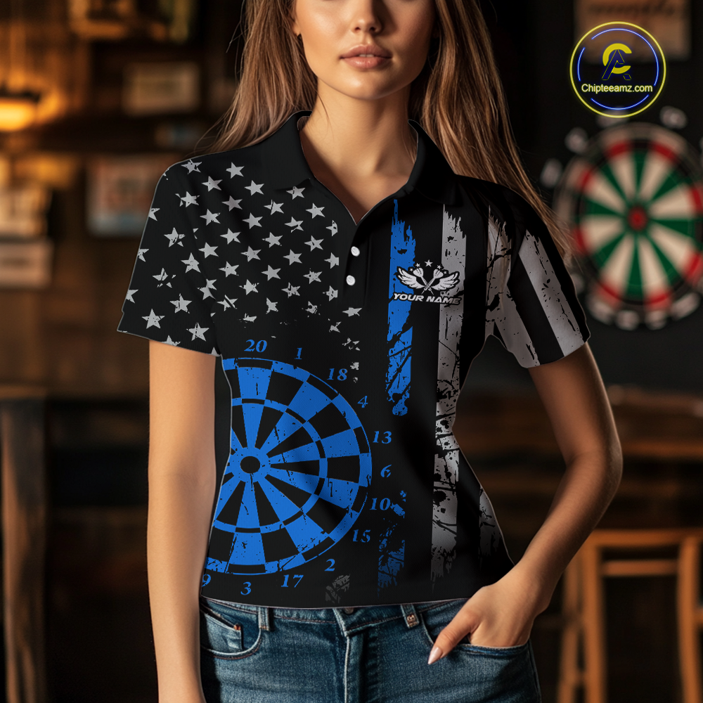 Custom Blue US Flag Darts Shirt for Women Darts Team Jerseys Dart Tournament Polo & 1/4 Zip NNT116