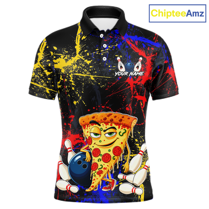 Front views of a black bowling polo featuring colorful red, yellow, and blue paint splatter graphics, a cartoon pizza slice mascot, bowling pins, and custom your name text.