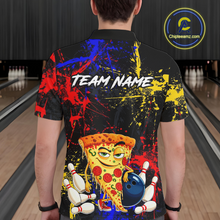 Load image into Gallery viewer, Man wearing a black bowling polo featuring colorful red, yellow, and blue paint splatter graphics, a cartoon pizza slice mascot, bowling pins, and custom team name text.