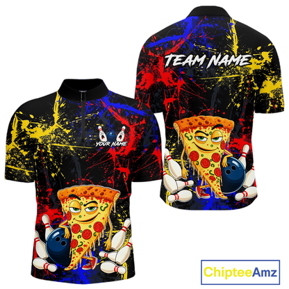 Front and back views of a black bowling quarter zip featuring colorful red, yellow, and blue paint splatter graphics, a cartoon pizza slice mascot, bowling pins, and custom team text.