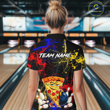 Load image into Gallery viewer, Woman wearing a black bowling quarter zip featuring colorful red, yellow, and blue paint splatter graphics, a cartoon pizza slice mascot, bowling pins, and custom team name text.